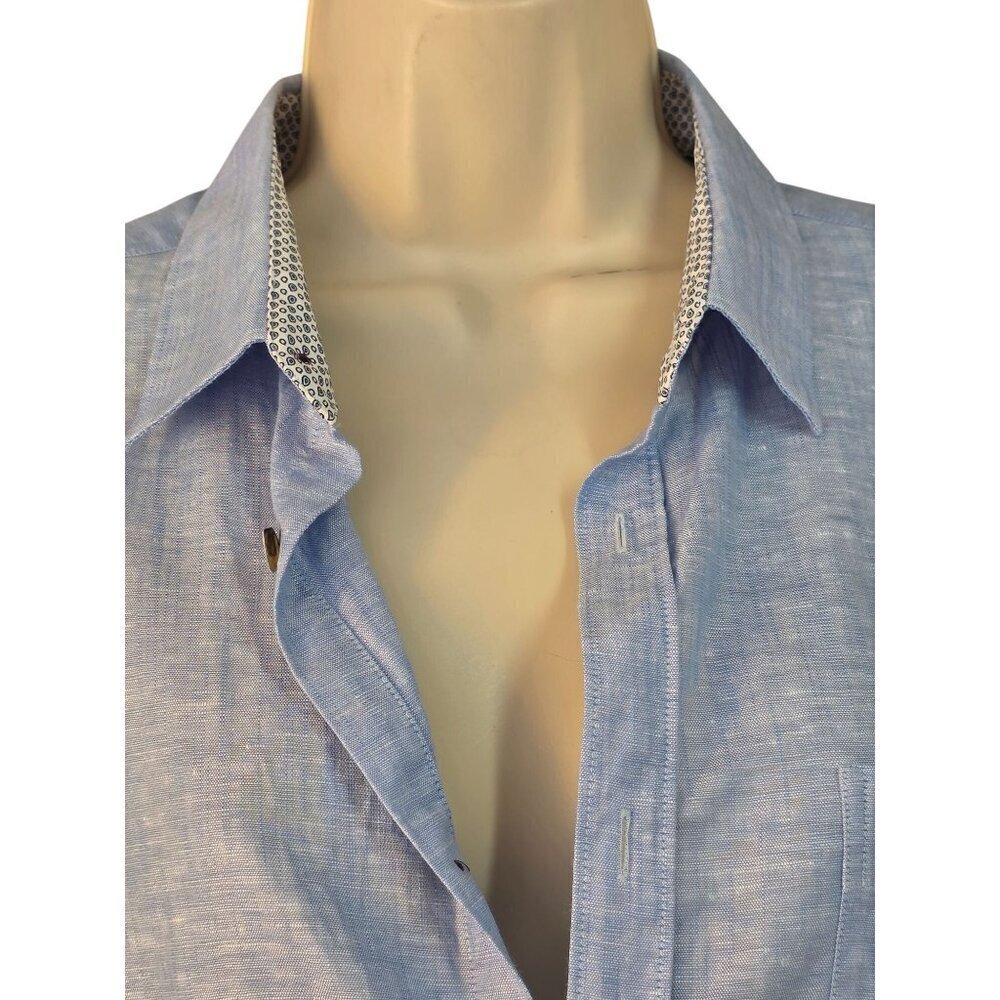 Ted Baker Womens Man-Tailored Shirt Size 4 Blue Linen Blend Btn Tab Long Sleeve